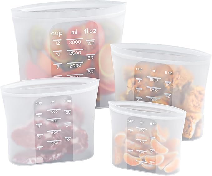 Bangp Premium Silicone Reusable Food Storage Bags,4 Pack,Stand-Up Bottom,Multi-Use Food Freezer Bag,Reclosable Silicone Bags for Marinate Meats,Salad Fruit,Home Organization,Leak-free,Dishwasher Safe