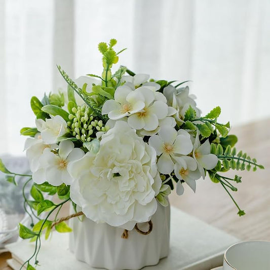 TKAS Fake Flowers Arrangement in Ceramic Vase, Artificial Faux Silk Roses & Hydrangea, Small Realistic Dried-Style Floral Dining Table Centerpiece for Wedding Party Home Decoration (White)