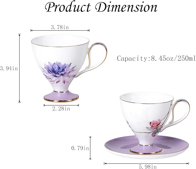 KAMMAK Ceramic Coffee Cups and Saucers Set of 2 – Handmade Porcelain Espresso Cups,8.45 oz Bone China Tea Cup with Water Lily & Winter Sweet Pattern, Elegant Demitasse for Latte, Americano, Cappuccino