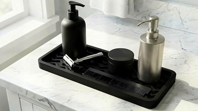 Silicone Sink Organizer Tray, Rectangular, Modern Style, Heat Safe, Dishwasher Safe, for Bathroom and Kitchen Organization (Sand Dollar, 12"x4", Chevron Pattern)