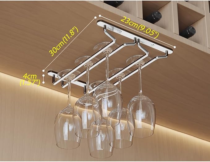 CAKERS Under Cabinet Hanging Stemware Display Rack|304 Stainless Steel Wine Glass Holder|Wine Glass Storage Organizer Hanger,2 Rows,30cm(11.8in)