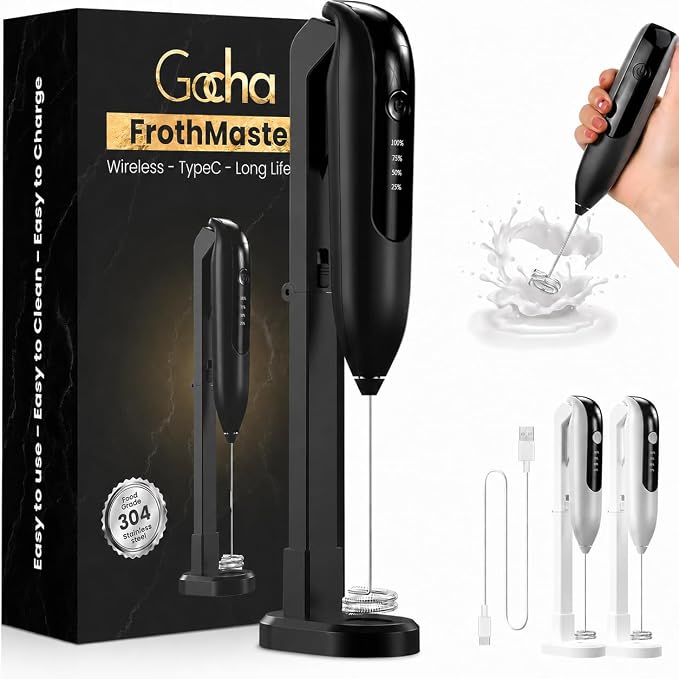 GOCHA Rechargeable Milk Frother, USB-C Electric Milk Foamer Handheld, Double Spring Whisk, 2-Speed Foam Maker for Coffee, Latte, Cappuccino, Matcha, Hot Chocolate, Stand Included (Black)