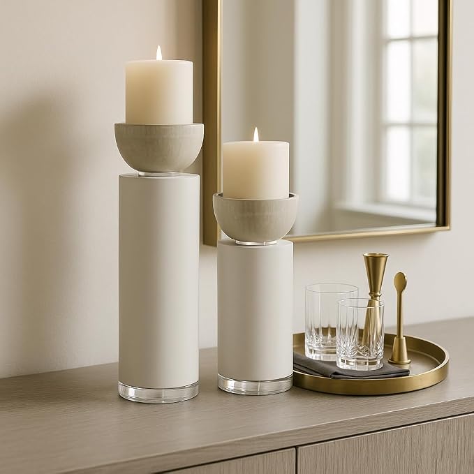 Elegant Pillar Candle Holders for Home Decor - Modern Candlestick Holders for Dining Table Centerpieces, Entryway, or Console - Decorative Candle Stand Holders for Shelf Set of 2-13", 11" White