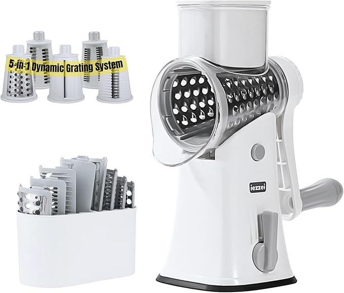 Rotary Cheese Grater - Vegetable Slicer Hand Crank, Fruit Cutter, Carrot Shredder, Nuts Grinder with 5 Stainless Steel Blades - Safe & Strong Suction Base with Handle