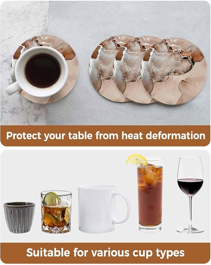Coasters Set of 8 Brown Marble Drink Coasters with Holder Absorbent Stone Ceramic Cup Mat Abstract Waves Cloud Coaster for Drinks Coffee Bar Office Kitchen Cafe Home Table Decor