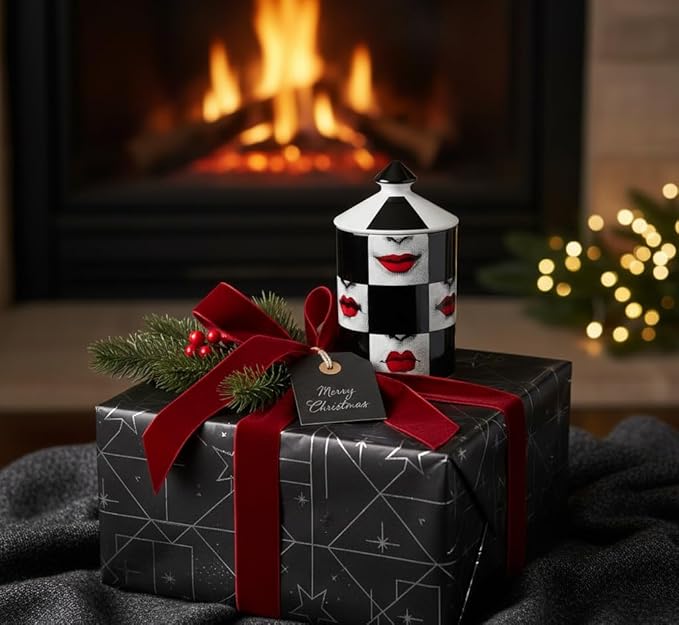 Decorative Candle Holder Handcrafted Aromatherapy Candle Jar Italian Designer Décor Fashionable Tabletop Vase Modern Art Female Face Eyes Lips Centerpiece. (Red Lips Black Squares)