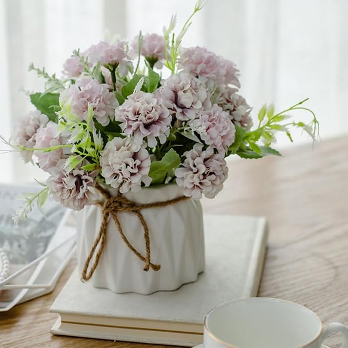 TKAS Fake Flowers Arrangement in Ceramic Vase, Artificial Faux Silk Hydrangea, Small Realistic Dried-Style Floral, Dining Table Centerpiece for Wedding Party Home Decoration (Purple)