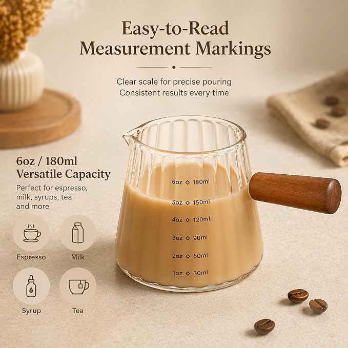 6 oz Espresso Cups - Glass Measuring Cups with Spout - Ribbed Small Creamer Pitcher- Expresso Shots Cup with Wood Handle for Coffee Milk, Dishwasher Safe (Transparent, 2 pack)