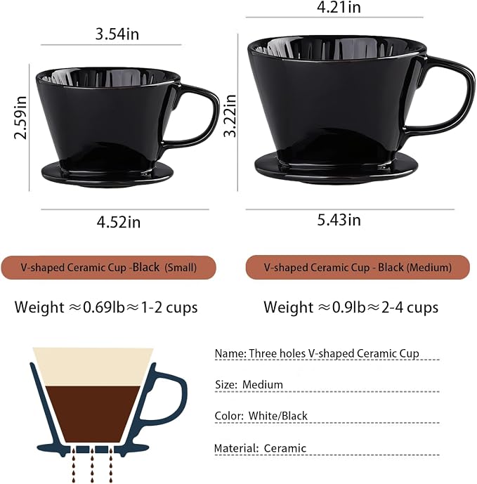 Pour Over Coffee Maker, Single Cup Coffee Dripper, Manual Porcelain Slow Brewing Accessories for Travel, Camping, Office, Home, Cafe, Coffee Gifts (Black, Medium)