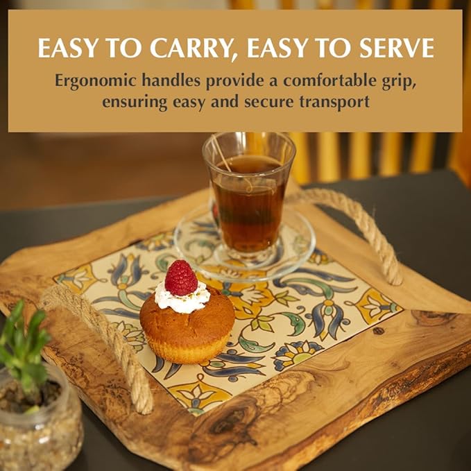 Kamsah Olive Wood Serving Tray with Handles (L:10”, W:10”) Decorative Square Serving Trays for Serving Food, Drinks, Tea, Coffee - Rustic Vintage Wooden Serving Tray for Table & Gifts - Arabesque