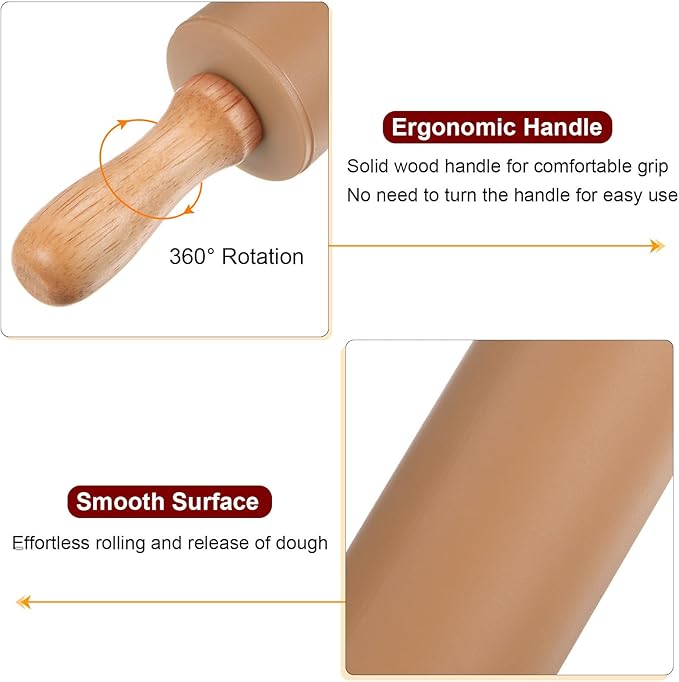 HARFINGTON 2pcs Silicone Rolling Pins for Baking 9.25 Inch Non-Stick Silicone Surface Wooden Handle Rolling Pin Small Roller Playdough Rolling Pins for Fondant Kitchen Dough Pizza, Brown