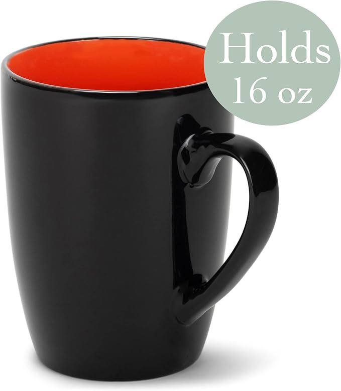 Elanze Designs Color Pop Orange Black Exterior 16 ounce Glossy Ceramic Mugs Matching Set of 4