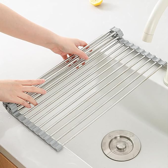Over Sink Dish Drying Rack, Roll up Dish Drying Rack, 304 Stainless Steel Over The Sink Dish Drainer Rack,Foldable Dish Rack