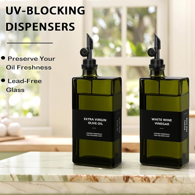 Olive Oil Dispenser Bottle for Kitchen with Bamboo Tray- 16.9oz Glass Oil and Vinegar Dispenser Set, Soy Sauce & Syrup Bottle, Modern Hostess Gift (Green, Set of 2)