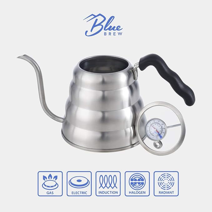 Blue Brew Gooseneck Kettle Stovetop, Tea Pot with Thermometer, 40oz Pour Over Coffee Maker for Coffee & Tea, Stainless Steel Coffee Kettle, Compatible with Electric Stove & Gas Stove (BB1201)