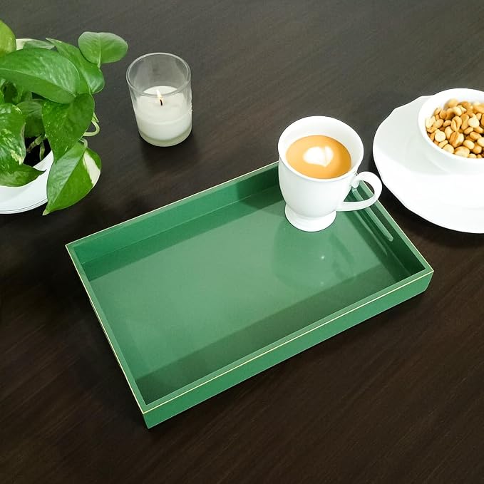 Handcrafted Wooden Serving Tray | Tray with Handle for Snacks, Tea, Kitchen, Coffee Table, Dining | High Gloss Finish with Gold Trim |12.25 x 7.75 x 1.5 inches (Solid Sage)