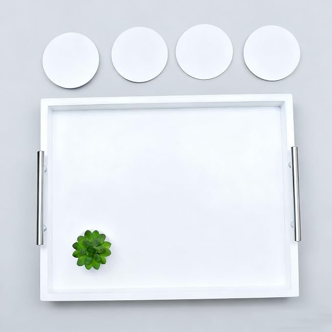 Serving Tray 16.5“X 13“ Deluxe Wooden Ottoman Food Tray for Eating, Dinner Trays for Eating on Couch Tray,Coffee Table with Polished Silver Metal Handles-4 Round Coasters Included, White