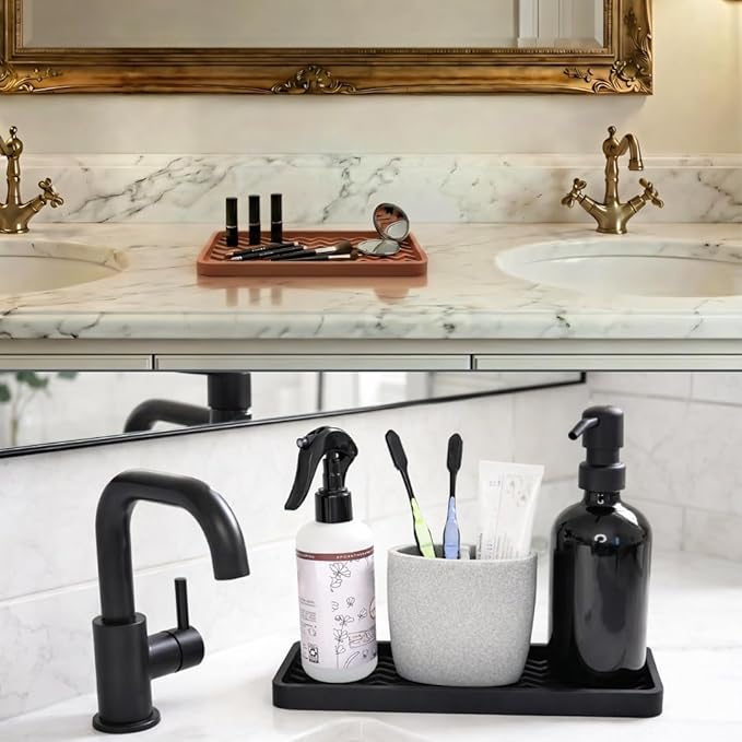 Silicone Sink Organizer Tray, Rectangular, Modern Style, Heat Safe, Dishwasher Safe, for Bathroom and Kitchen Organization (Light Grey, 12"x4", Chevron Pattern)