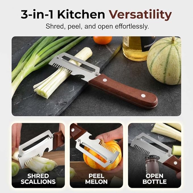 Multi-Functional Vegetable Peeler for Kitchen, 3 in 1 Stainless Steel Blade with Wooden Handle & Bottle Opener & Grater, Heavy Duty Peeler for Carrot Apple Pumpkin (1PCS)