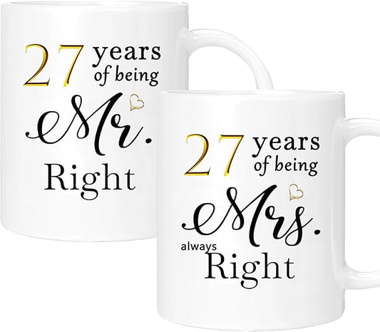 27th Anniversary Coffee Mugs Set of 2, 27 Year Anniversary Wedding Gifts Decorations for Couple Parents Men Women Husband Wife Him Her, Gift Box Packaging, 11oz