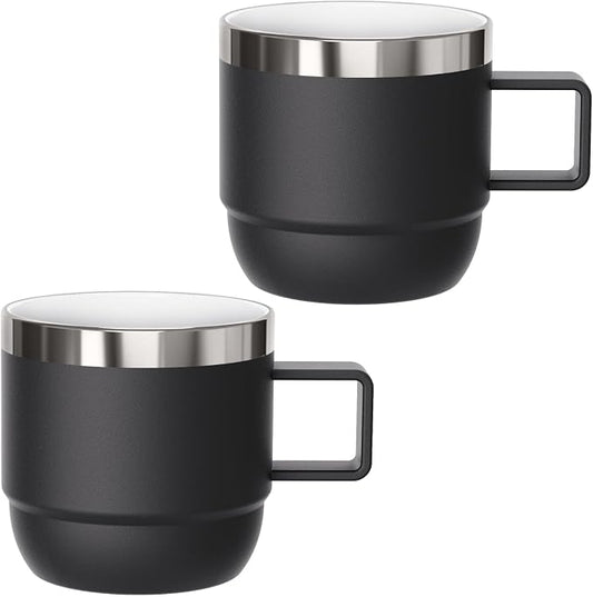 6 oz Small Espresso Mug with Handle, Ceramic-Lined 18/8 Stainless Steel, Double-Wall Vacuum Insulated, Stackable, Dishwasher Safe, for Cortado & Flat White, 2 Pack, Black