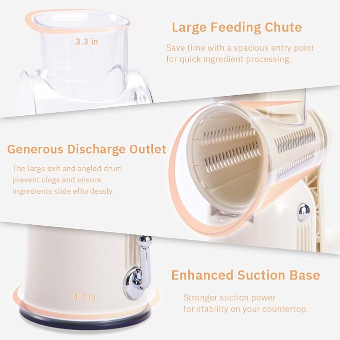 ENERGEVITY Manual Rotary Cheese Grater with Handle, 5 in 1 Replaceable Stainless Blades Cheese Shredder,Strong Suction Base Vegetable Slicer with Cleaning Brush & Bonus Storage Box for Blades (white)