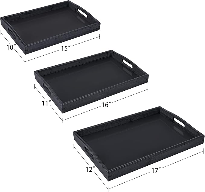 3 Pack Bamboo Serving Trays with Handles, Rectangular Kitchen Food Tray for Eating, Dinner Trays for Eating on Couch, Wood Serving Platter for Breakfast, Tea, Bar, Restaurant, Party or Bed (Black)