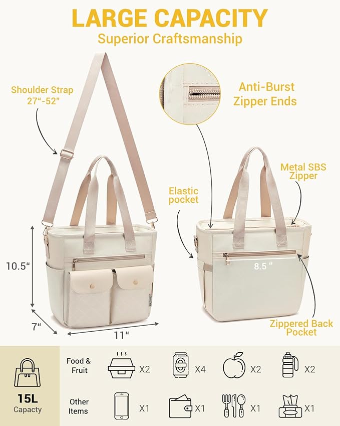 RalChyez Lunch Box for Women, Large Lunch Tote Leakproof Adult Lunch Bag Insulated Lunch Cooler Purse with Storage Pocket for Work Picnic Beach Trip Beige