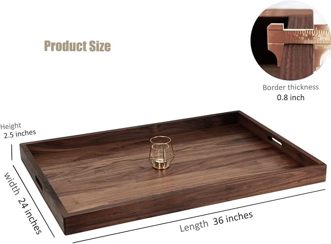 36 x 24 Inches Extra Large Rectangle Black Walnut Wood Ottoman Tray with Handles, Serve Tea, Coffee Classic Wooden Decorative Serving Tray