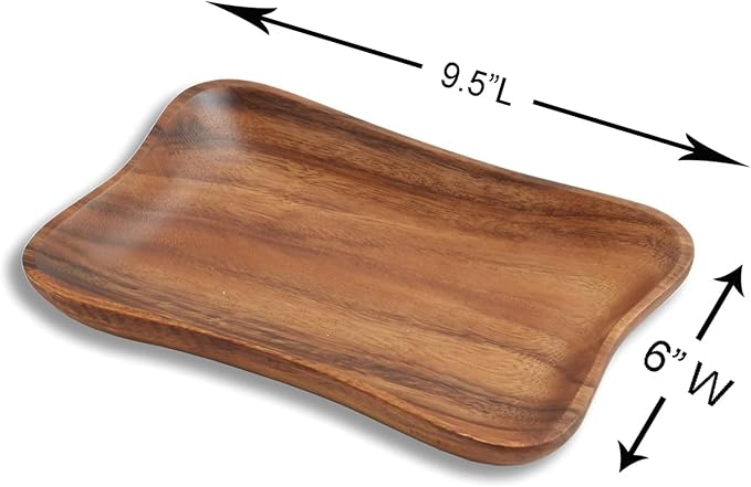 Woodard & Charles Set of 4 Acacia Wood Pinched Tray for Charcutreie, Sushi, Dessert, Sandwiches and More, 9.5" x 6" x 0.75"