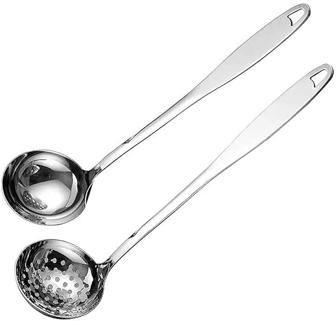 Soup Spoon Stainless Steel Heavy Duty Big Soup Ladle Colander Serving Spoon with Attractive Mirror Finish, Perfect for Hotpot Stirring, Serving Soup, Deep Wide Enough 2PCS (Soup Spoons - 12")