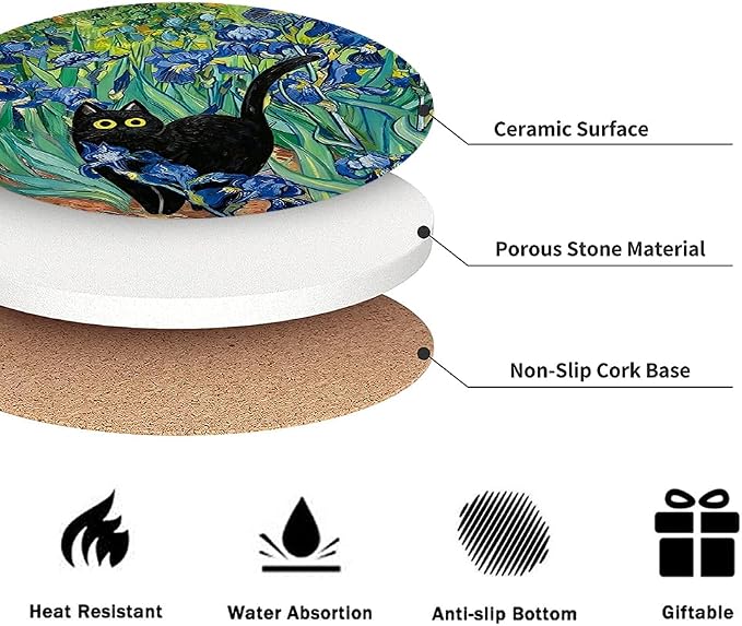 Drink Absorbent Coasters with Holder Set of 6, Ceramic Stone with Cork Base, Cute Black Cat and Art Design Coaster for Drinks, Gift for Housewarming Room Bar Home Decor Kitchen