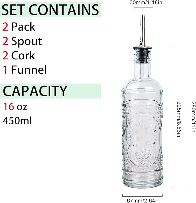 eleganttime 2 Pack Glass Oil and Vinegar Dispenser Set 16oz, Superior Leakproof Olive Oil Dispenser Bottle Strong with Cork for Kitchen Cooking, with Stainless Steel Spout and Silica Gel Funnel