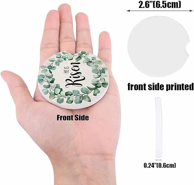 Car Coasters for Cup Holders 2.6"Dia Absorbent Coasters Set of 4 Car Interior Accessories for Women Men Spring Summer Eucalyptus Leaves Linen Bottom Ceramic Car Coaster for Drinks with Finger Grooves