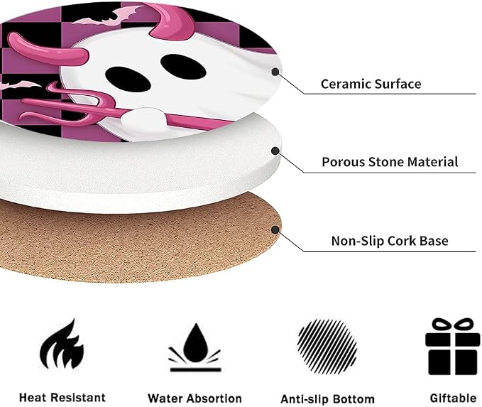 Drink Coasters for Drinks Set of 6, Pink and Black Cute Ghosts Absorbent Round Ceramic Stone Mat Coaster, with Cork Base and Metal Holder, Home Bar Decor House Warming Gift