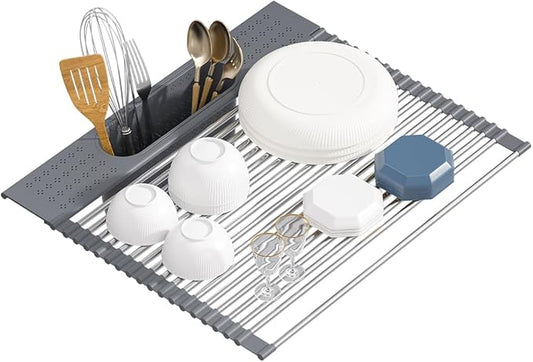 Roll Up Dish Drying Rack Over Sink, 17.5" x 15.2" Foldable SUS304 Stainless Steel Kitchen Dish Drainer, Heat-Resistant Multipurpose Rolling Sink Rack Organizer,Grey