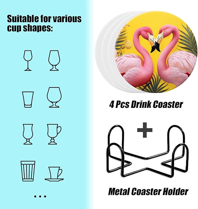 Flamingo Pineapple Butterflies Palm Leaves Pattern Set of 4 Ceramic Coasters with Holder,Absorbent Drink Bar Coasters,Table Coasters