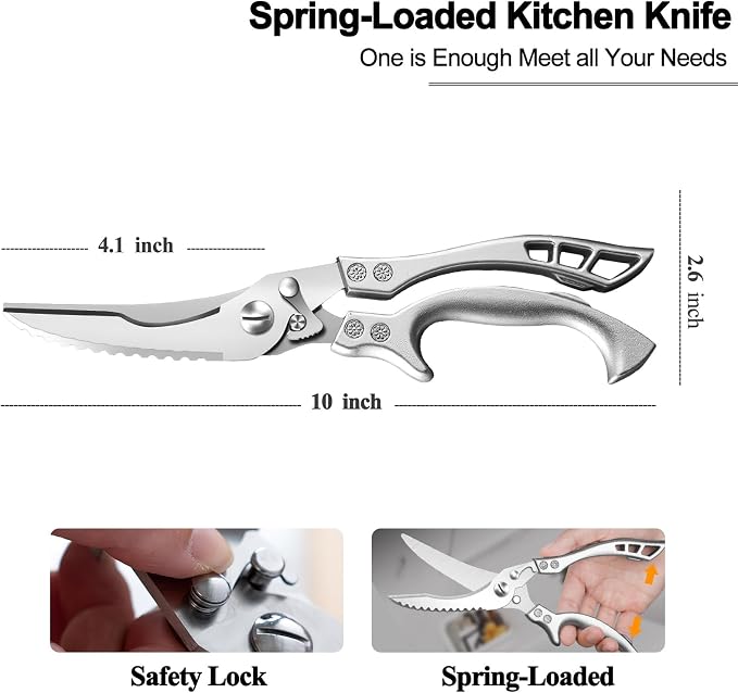 Zicolu Poultry Shears Heavy Duty Professional, Multipurpose Kitchen Shears with Sheath, Spring-Loaded Stainless Steel Chef Scissors Cutting Bone, Chicken, Fish, Food, Meat, Full Steel Handle Silver