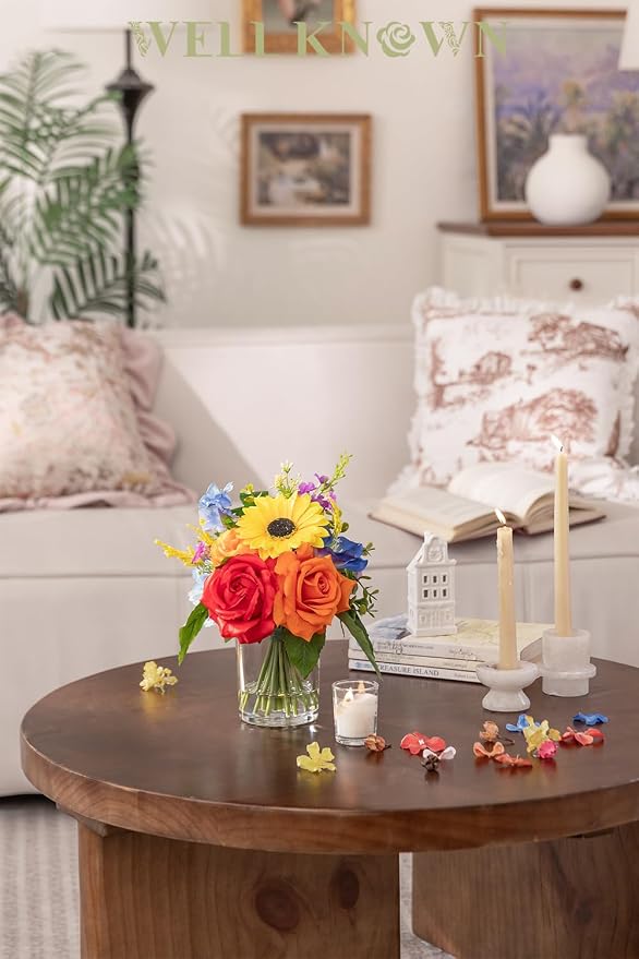 WELL KNOWN Artificial Flowers in Vase with Fake Water, Colorful Spring Flowers Fake Sunflowers Rose Peonies Bouquet for Home Wedding Party Dining Table Baby Shower Decor & Birthday Gift (Rainbow)