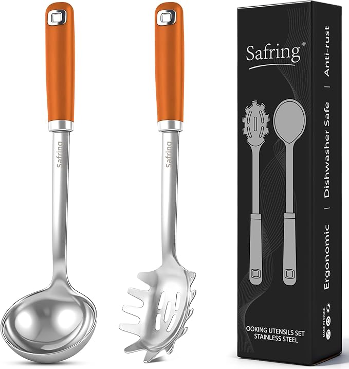 Safring Stainless Steel Soup Ladle and Spaghetti Spoon Set, Heat Resistant Rubber Handle, Dishwasher Safe, Kitchen Utensils for Cooking, Stirring, Serving Pasta, Soup & Sauce (Orange)