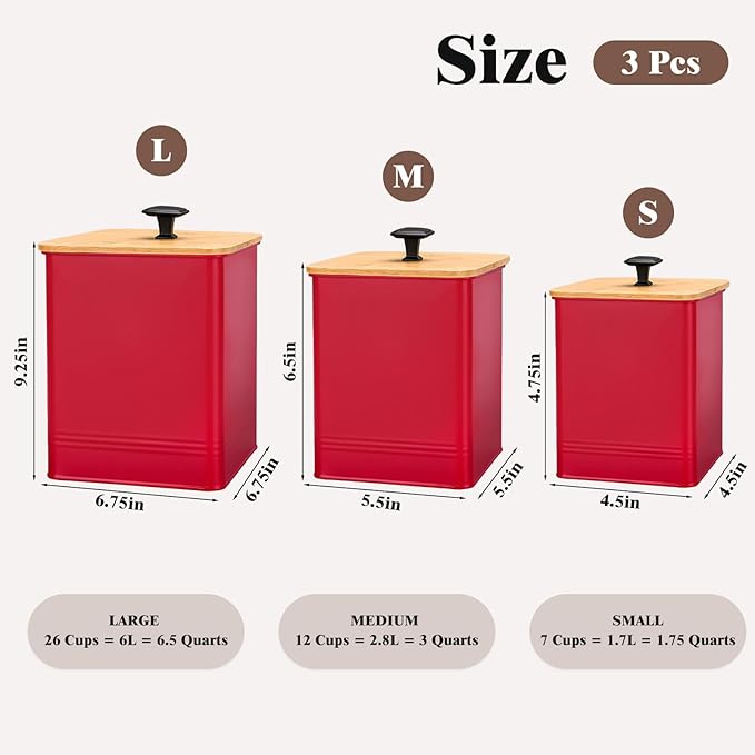 Kitchen Canisters Set of 3, Metal Flour Sugar Storage Containers with Airtight Lids-Canisters Sets for Kitchen with Customizable Chalkboard Labels & Marker Pen-Spice, Coffee Storage Jars(Red)