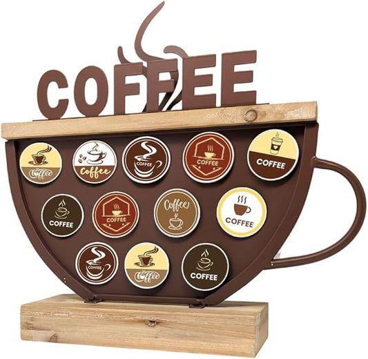 Brown Metal & Wood Coffee Pod Holder Compatible with K-Cups, Space-Saving Coffee Pod Storage, Cafe Station Countertop Storage, Great Gift for Coffee Lovers
