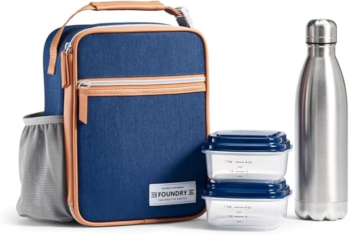 Foundry by Fit + Fresh, Thayer Insulated Lunch Bag with 2 Food Containers & 18oz. Stainless Steel Tumbler, Reusable Lunch Box, Mini Cooler Bag, Perfect for Work, College, Picnics