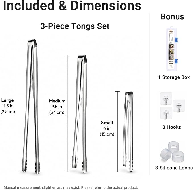 Kitchen Tongs Set of 3 with Storage Case, 304 Stainless Steel Cooking Tongs, 11.5”, 9.5” & 6” Serrated Non-Slip Tips for Grilling, Frying, Salad, Pasta, Ice Cubes (Silver)