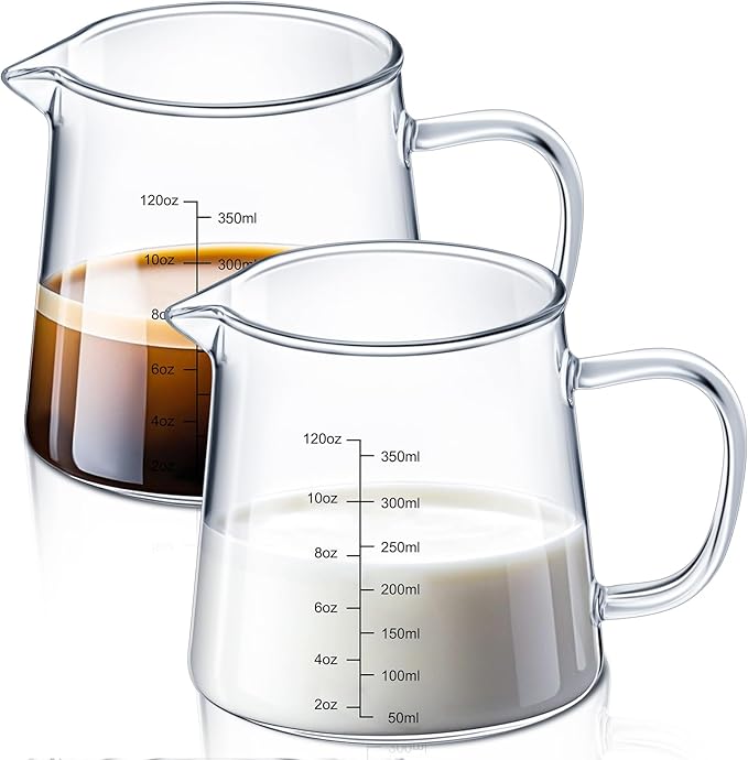 Honeydak 2 Pack 12oz Coffee Measuring Glass Cups Espresso Pitcher Heat Resistant Glass Coffee Measuring Cup Milk Frothing Pitcher Espresso Shot Glasses, Creamer Container, Microwave Dishwasher Safe