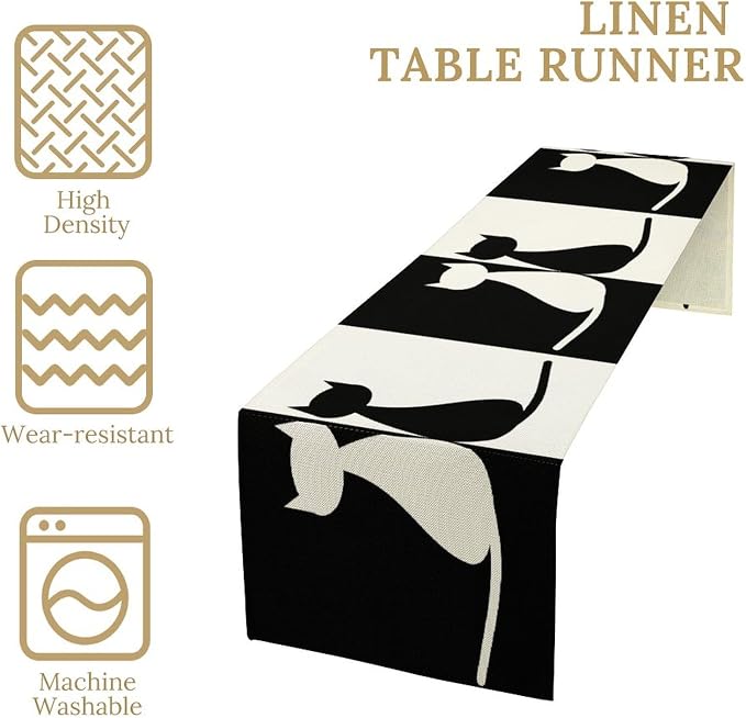 Cartoon Cat Table Runner, Black and White Minimalist Style Abstract Cartoon Patchwork Cat Plant Table Decor Table Top Dining Kitchen Wedding Party 13x108 Inch