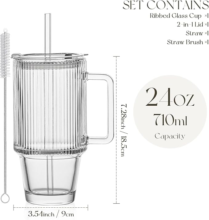 KEMORELA 24 Oz Ribbed Glass Tumblers with Lids and Straws, Tumbler Cup with Handle, Iced Coffee Glassware, Clear Reusable Drinkware for Smoothies and Beverages (1)