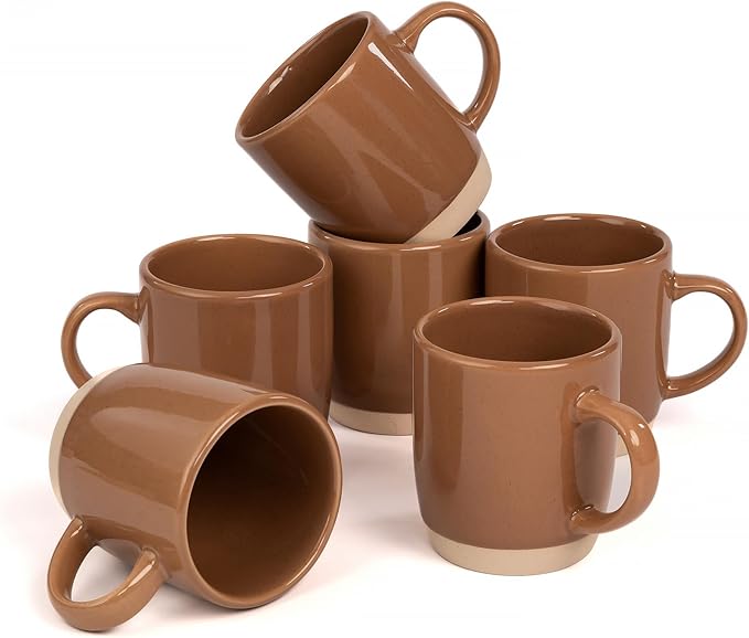 OTAGO Coffee Mugs for 6, 12 oz Mug Set, Partially Unglazed Base,Dringking Cup with Handle for Coffee, Tea, Cocoa, Milk, Brown