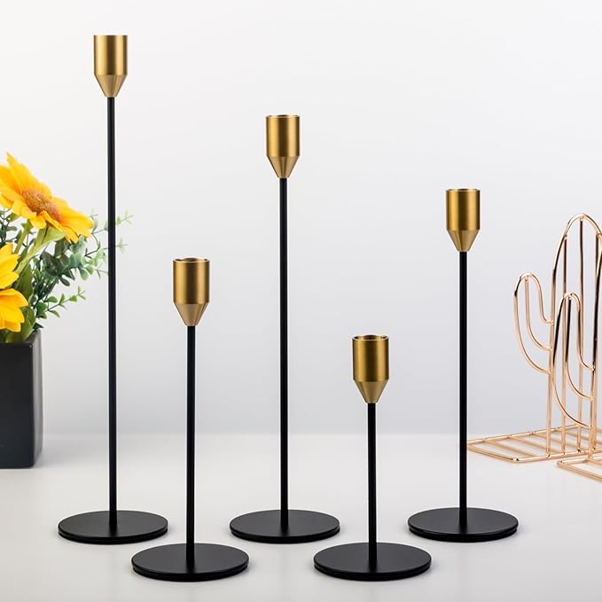 Set of 5 Black Taper Candlestick Holders with Brass Top, Metal Candle Stick Holder, Antique Mid-Century Candle Holders for Table Centerpiece, Mantel, Dining Table Decor