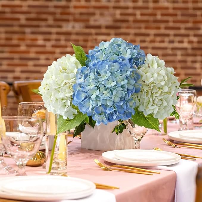 JINWOE Blue Faux Hydrangea Flowers for Decoration,4Pcs 20" Real Touch Lifelike Faux Flowers, Full Fake Artificial Hydrangeas with Stems for Bouquet Table Centerpieces Spring Home Decoration